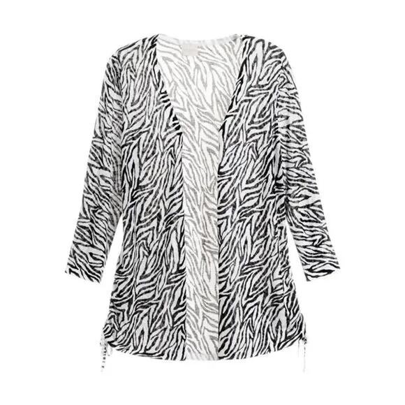 Chico’s 1 Rita Side Ruched Zebra Thin Knit Lightweight Open Layering Cardigan - Picture 2 of 16